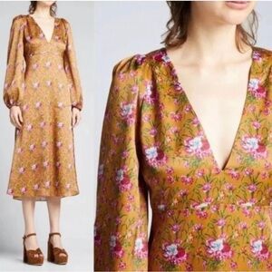 NWT LoveShackFancy Kinnear Satin MIDI Dress Goldmine Floral Print reg $595 sz 2